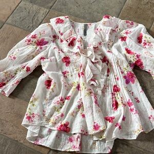 Anthro Floral Ruffle Button-Front Top - White with Pink Flowers
